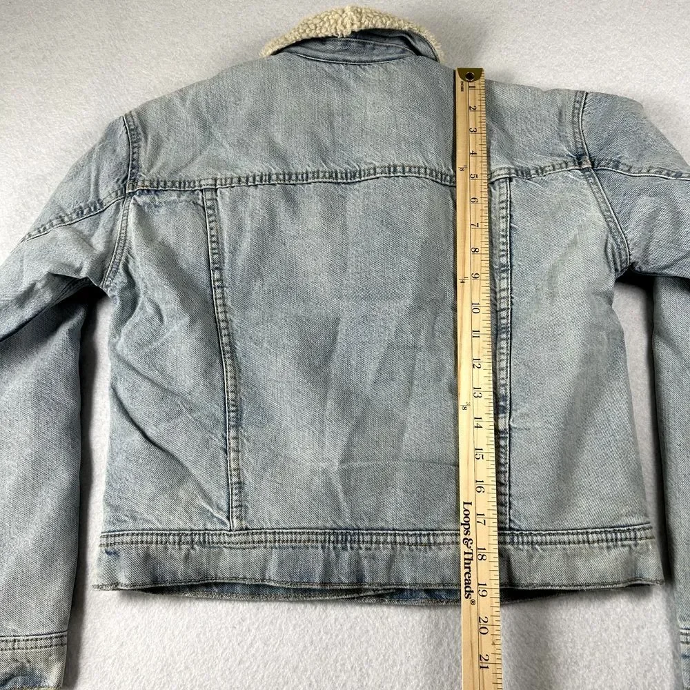 American Eagle‎ Jean Jacket Womens XS Denim Sherpa Lining Pockets Rivet Buttons